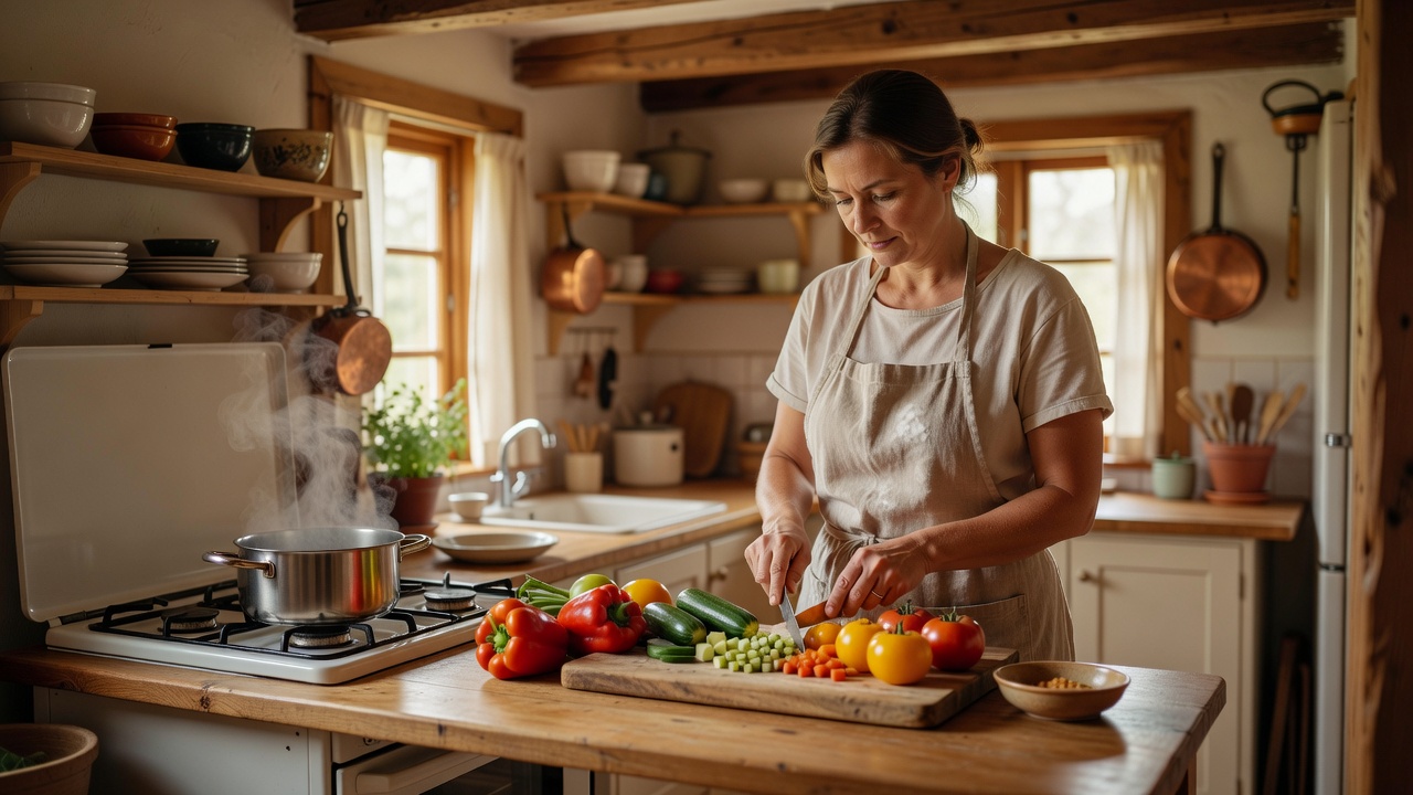 A home cook preparing lunch on a clear worktop in a small kitchen with natural daylight