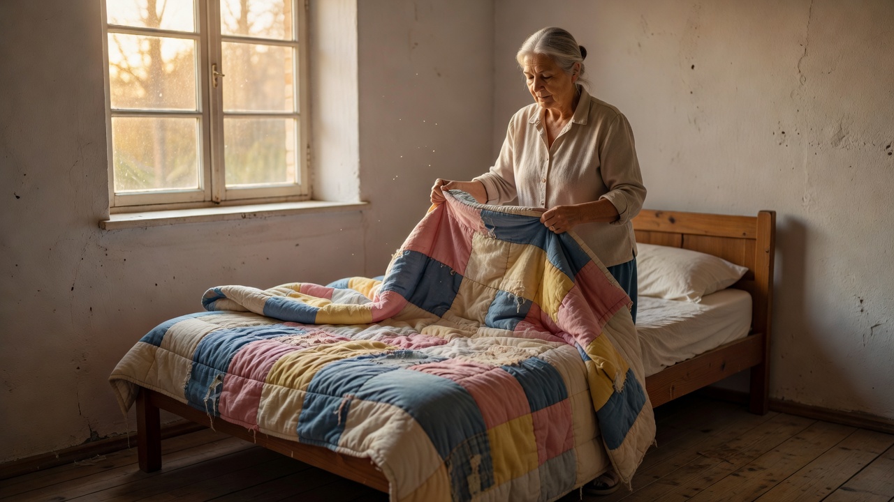 A person folding a well-used quilt in a modest bedroom lit by a nearby window
