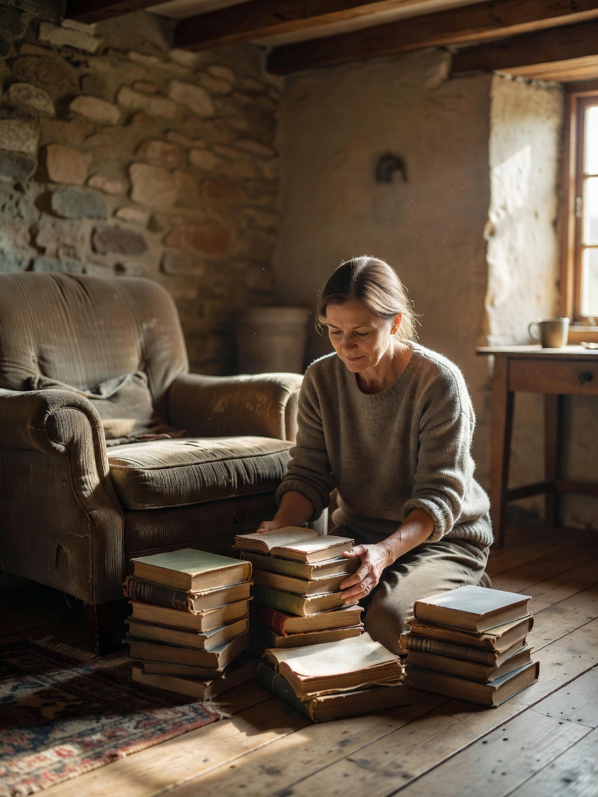 A person arranging well-read books beside a comfortable chair in a naturally lit cottage-inspired room
