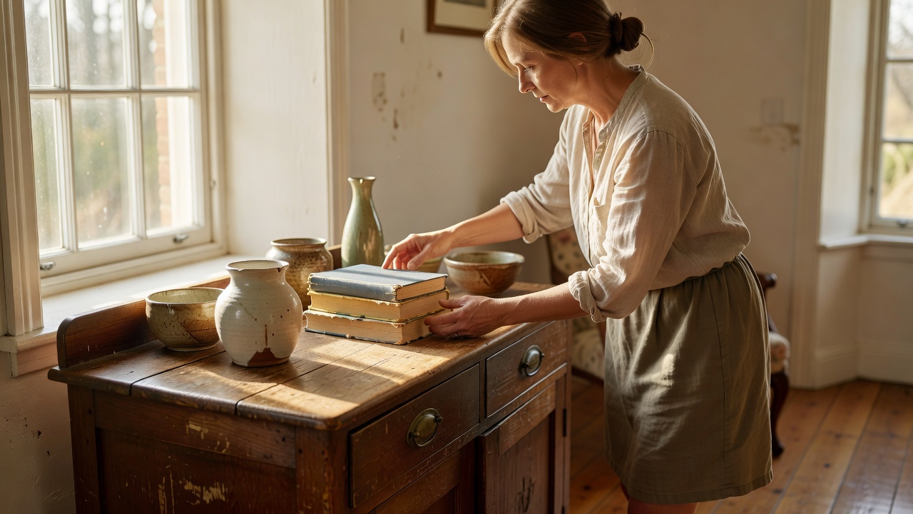 A person arranging everyday books and pottery on a worn vintage sideboard in a bright home