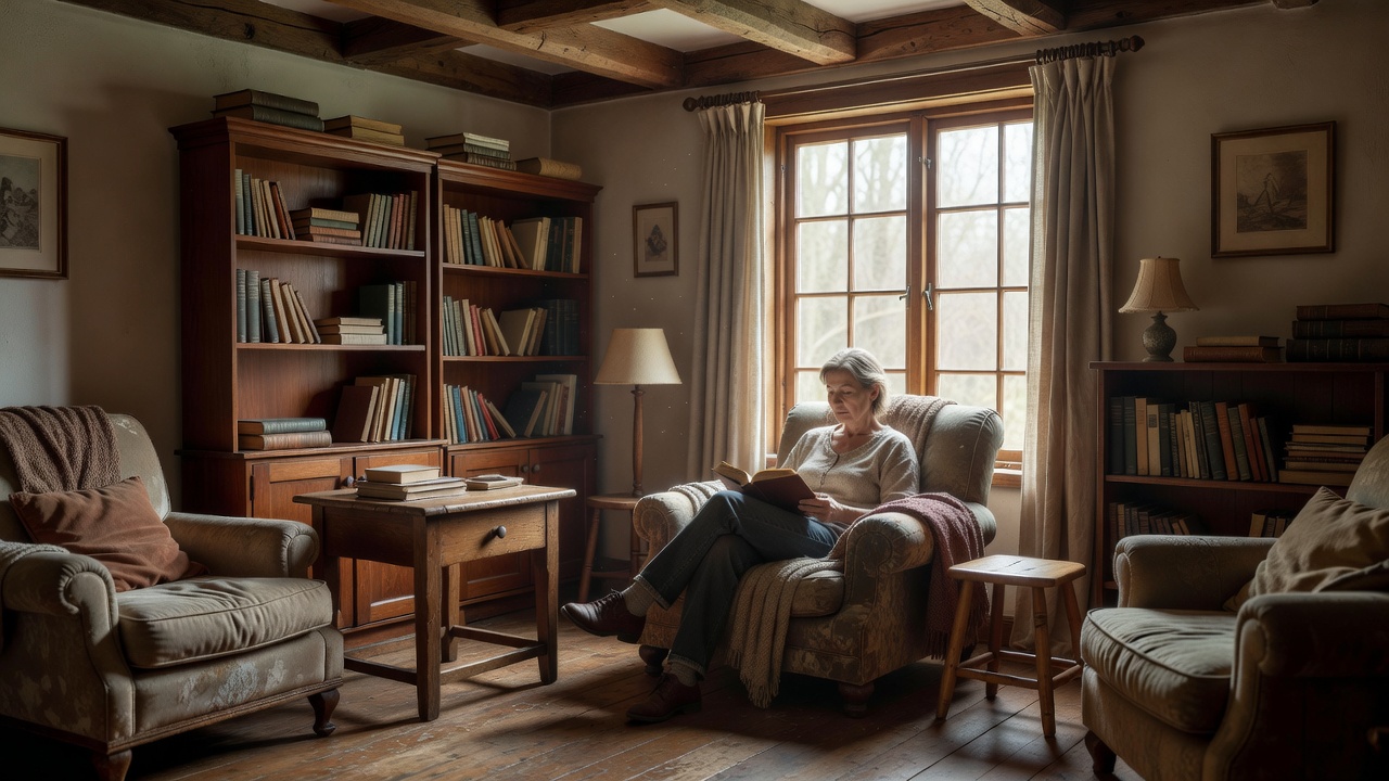 A reader sitting beside a window in a lived-in lounge with mixed wooden furniture