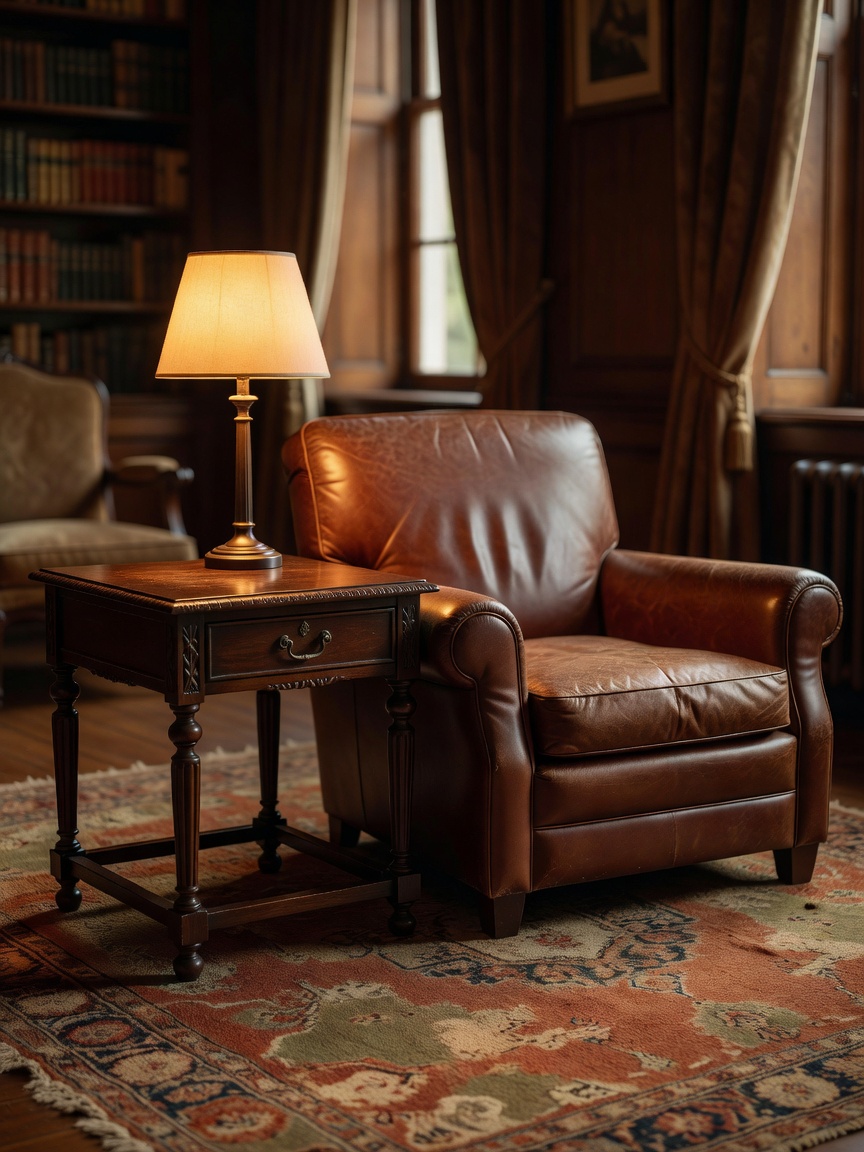 Comfortable reading chair beside a vintage side table and shaded lamp