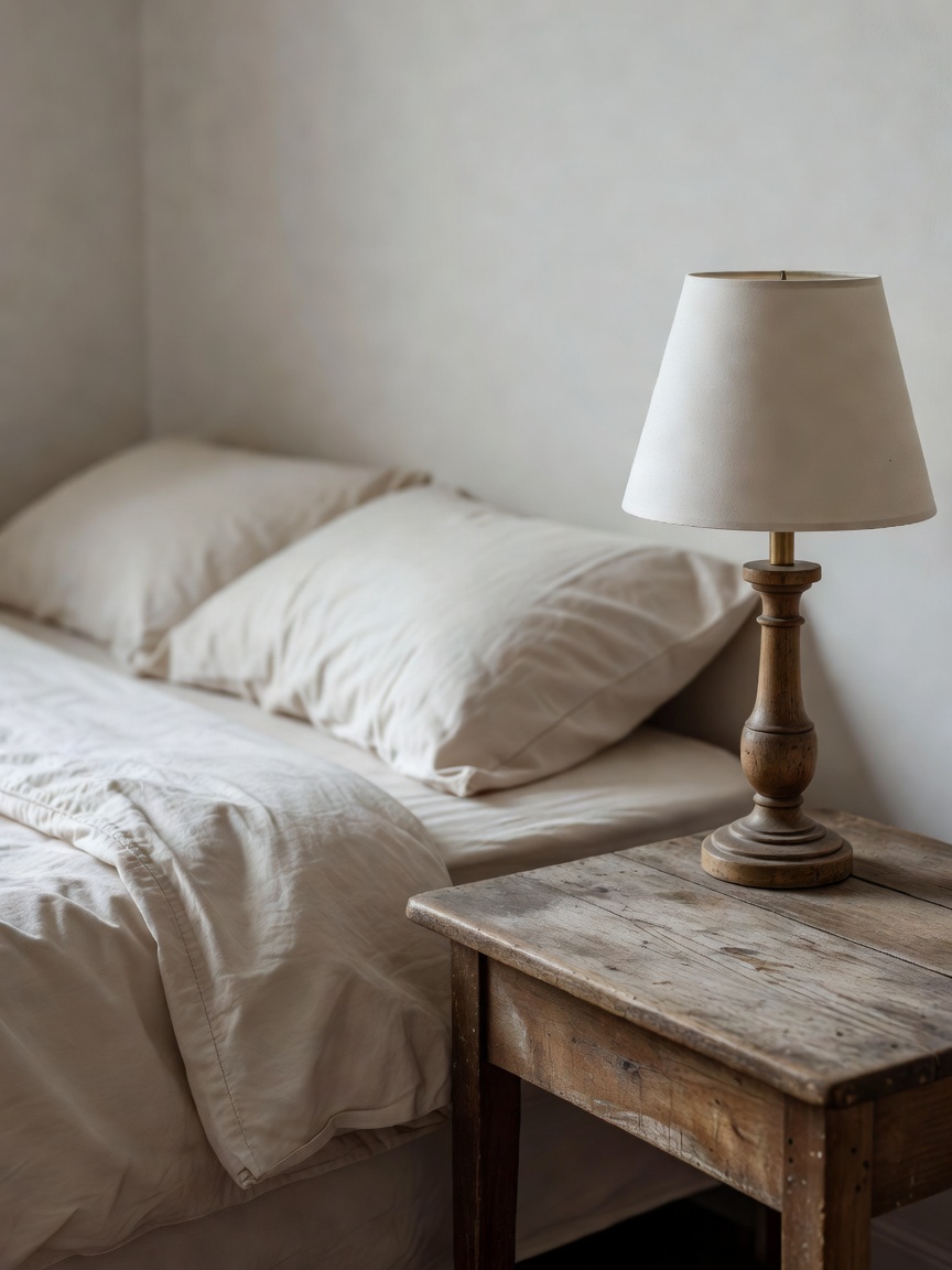 Simple bedside arrangement with an old wooden table, a reachable lamp and cotton bedding
