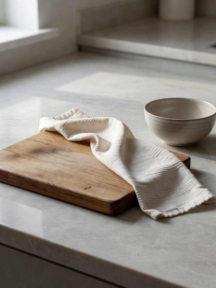 An everyday wooden board and cotton tea towel beside a bowl on a tidy kitchen worktop