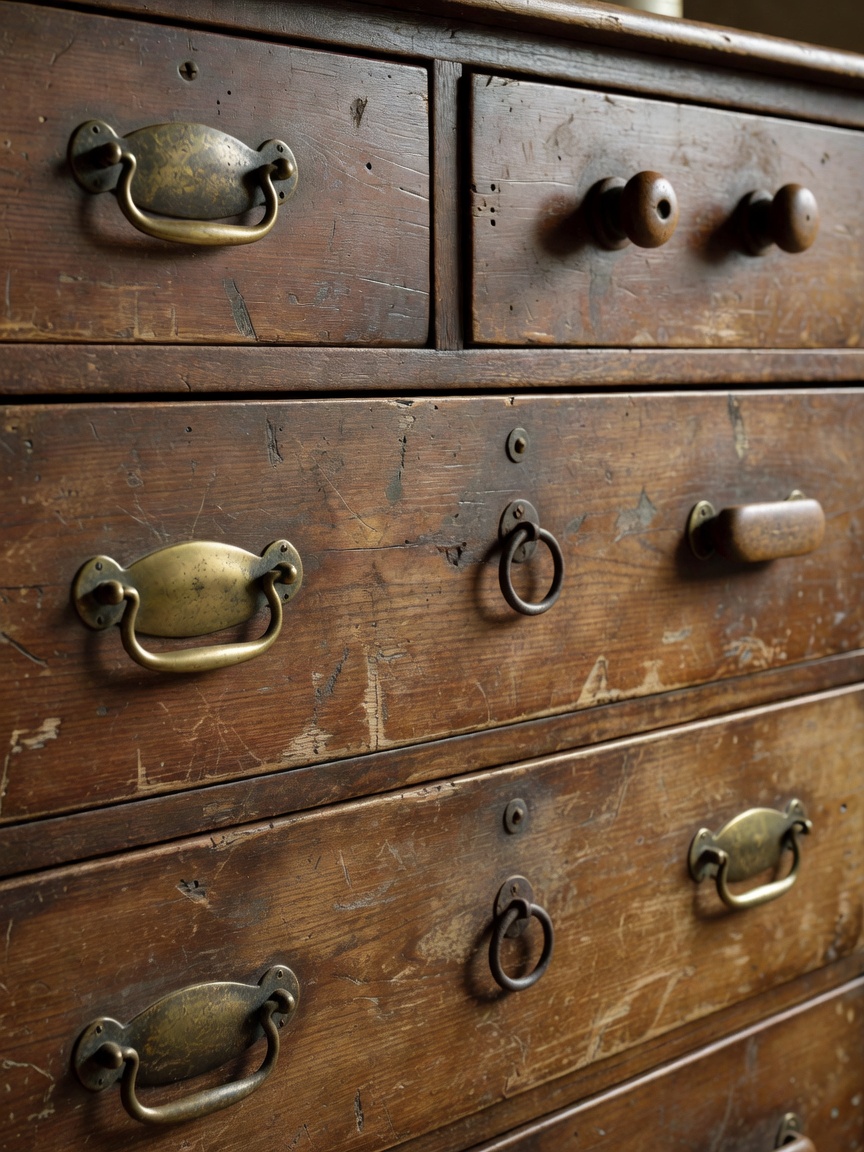 Close view of old wooden drawers with useful handles and a visibly worn finish